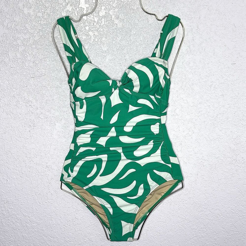 Shade & Shore Women's Green White Twist Front One Pc. Swimsuit Size XS (0-2) NEW